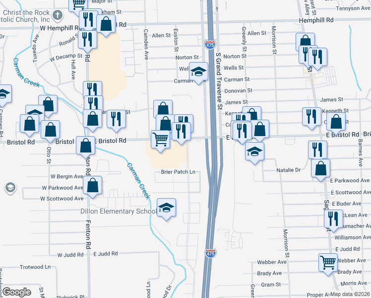 map of restaurants, bars, coffee shops, grocery stores, and more near 1197 Brier Patch Lane in Burton