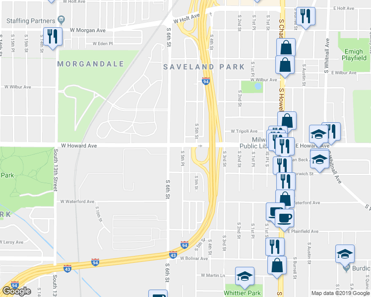 map of restaurants, bars, coffee shops, grocery stores, and more near 529 West Howard Avenue in Milwaukee