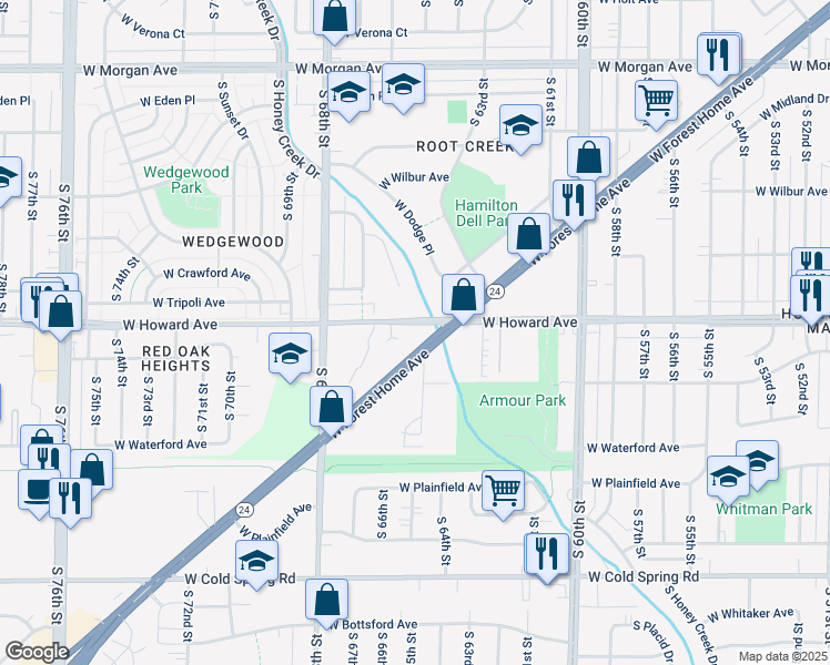 map of restaurants, bars, coffee shops, grocery stores, and more near 6483 West Howard Avenue in Milwaukee
