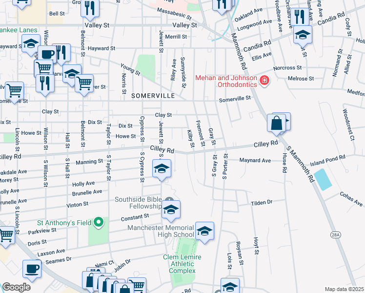 map of restaurants, bars, coffee shops, grocery stores, and more near 75 Moody Street in Manchester