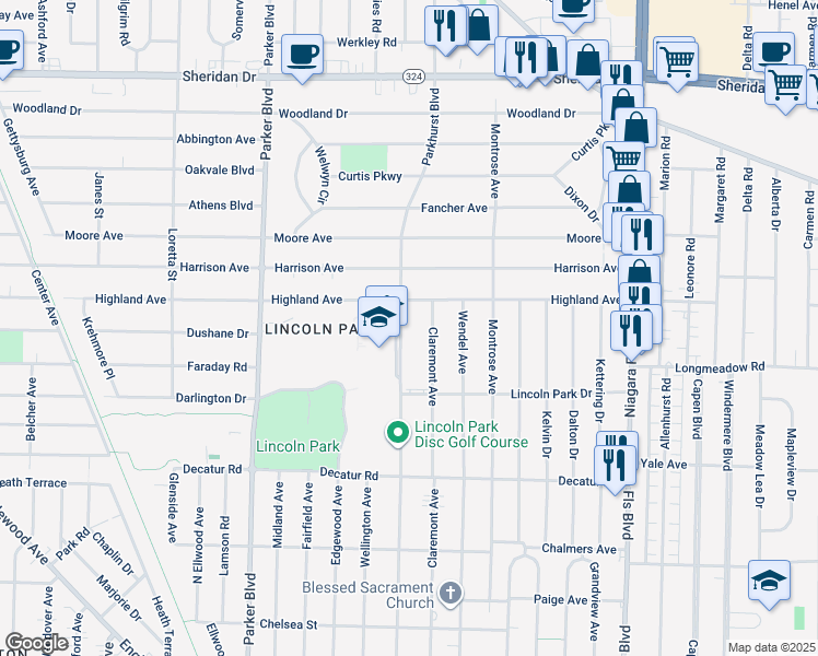 map of restaurants, bars, coffee shops, grocery stores, and more near 543 Parkhurst Boulevard in Erie County