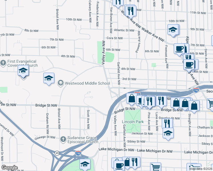 map of restaurants, bars, coffee shops, grocery stores, and more near 553 Valley Avenue Northwest in Grand Rapids