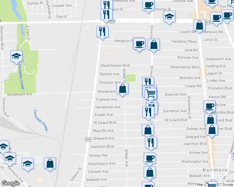 map of restaurants, bars, coffee shops, grocery stores, and more near 124 Woodward Avenue in Kenmore