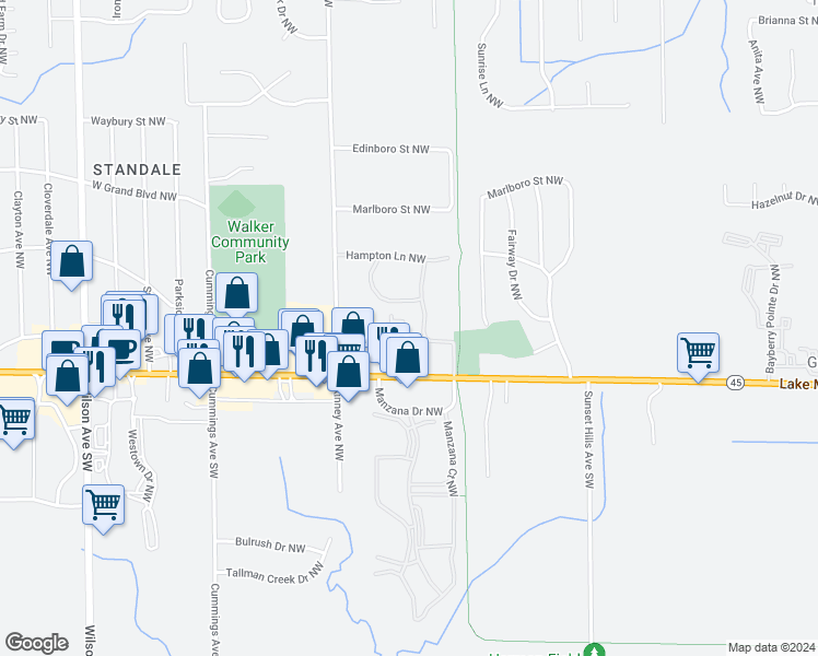 map of restaurants, bars, coffee shops, grocery stores, and more near 464 Barkwood Court Northwest in Grand Rapids