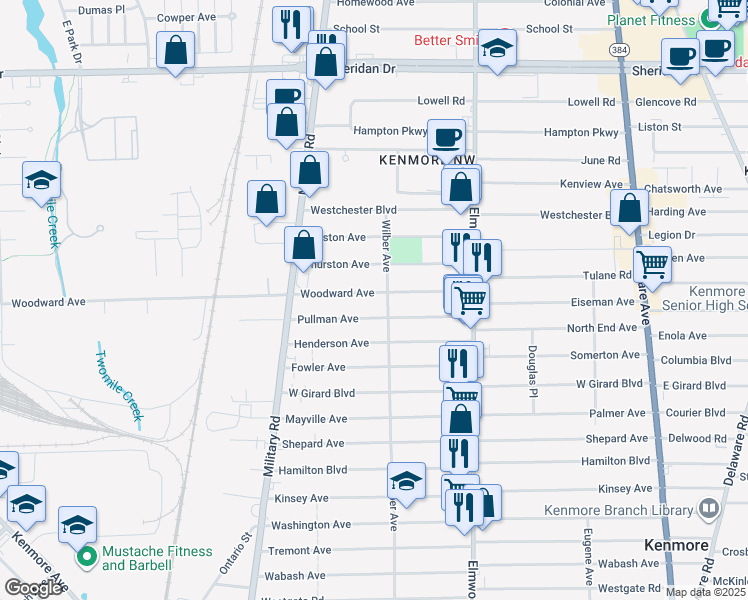 map of restaurants, bars, coffee shops, grocery stores, and more near 124 Woodward Avenue in Kenmore