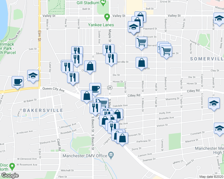 map of restaurants, bars, coffee shops, grocery stores, and more near 407 Shasta Street in Manchester