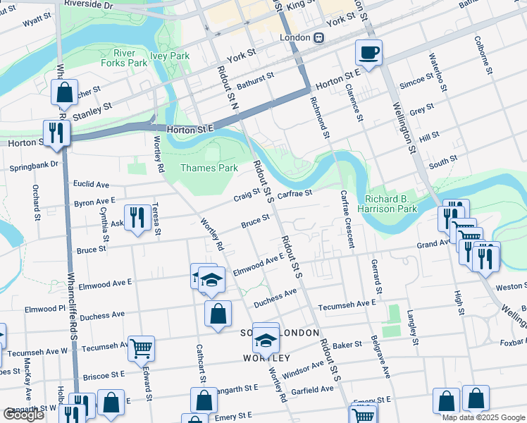 map of restaurants, bars, coffee shops, grocery stores, and more near 196 Bruce Street in London