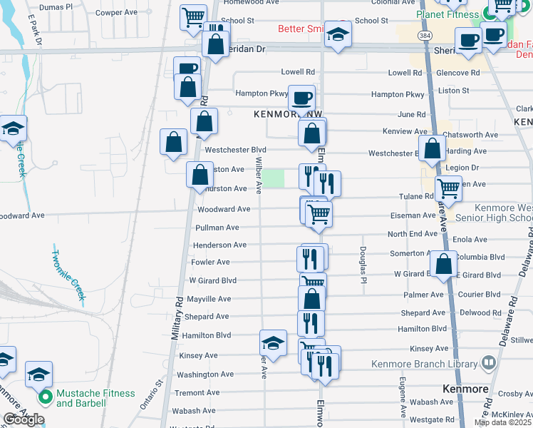 map of restaurants, bars, coffee shops, grocery stores, and more near 84 Woodward Ave in Kenmore