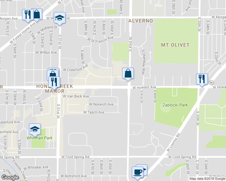 map of restaurants, bars, coffee shops, grocery stores, and more near 4445 West Howard Avenue in Greenfield