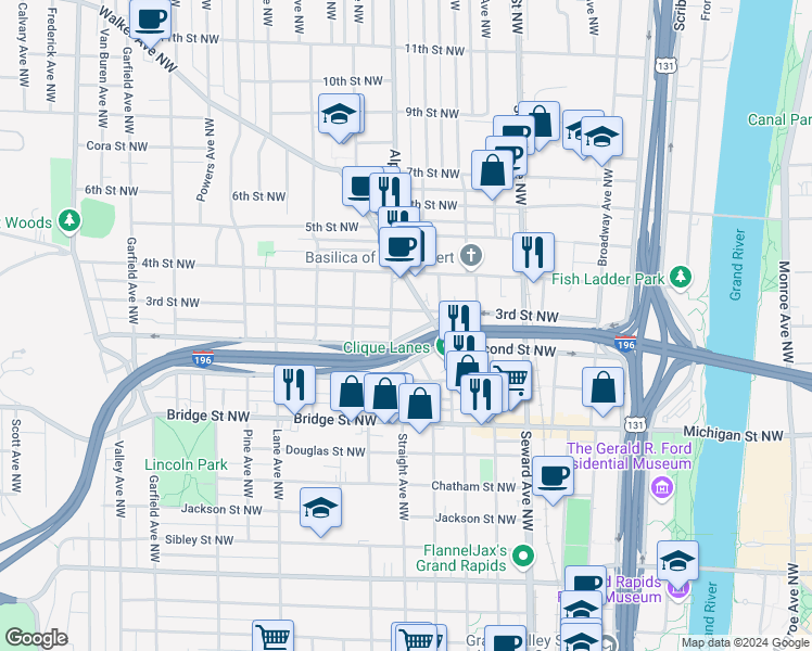 map of restaurants, bars, coffee shops, grocery stores, and more near 725 Blymier Court Northwest in Grand Rapids