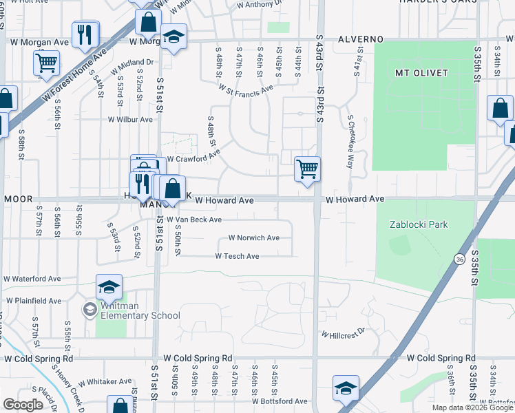 map of restaurants, bars, coffee shops, grocery stores, and more near 4541 West Howard Avenue in Greenfield