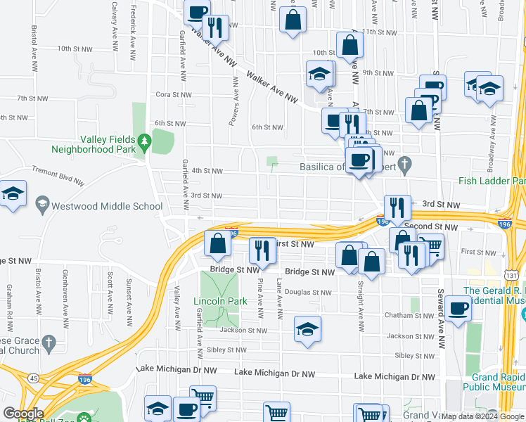 map of restaurants, bars, coffee shops, grocery stores, and more near 548 Pine Avenue Northwest in Grand Rapids