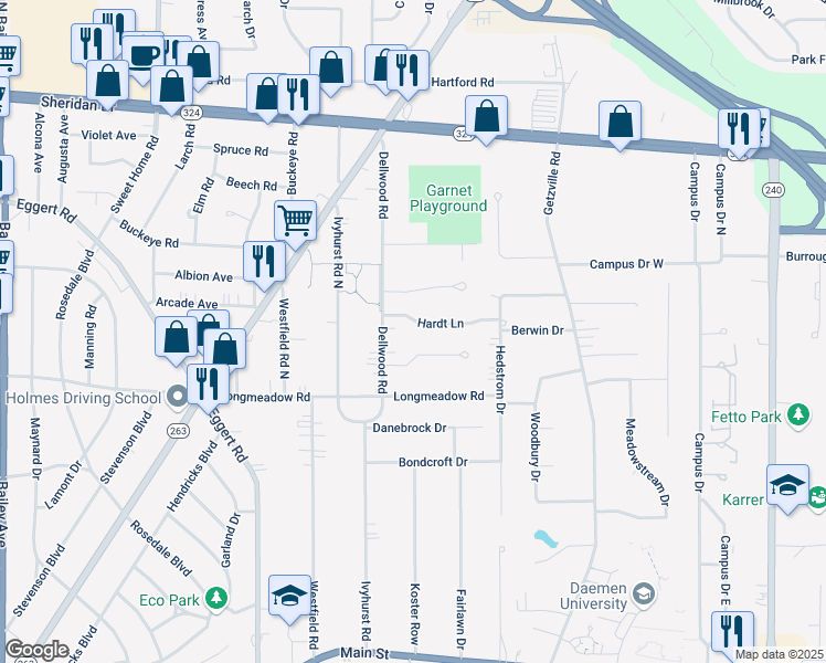 map of restaurants, bars, coffee shops, grocery stores, and more near 7 Hardt Ln in Buffalo