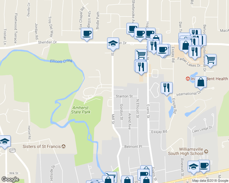 map of restaurants, bars, coffee shops, grocery stores, and more near 385 Mill Street in Williamsville