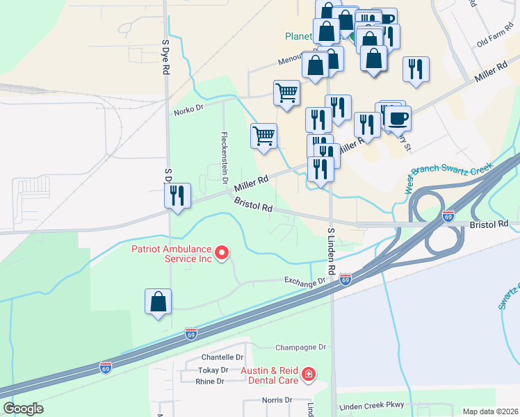 map of restaurants, bars, coffee shops, grocery stores, and more near 5131 West Bristol Road in Flint
