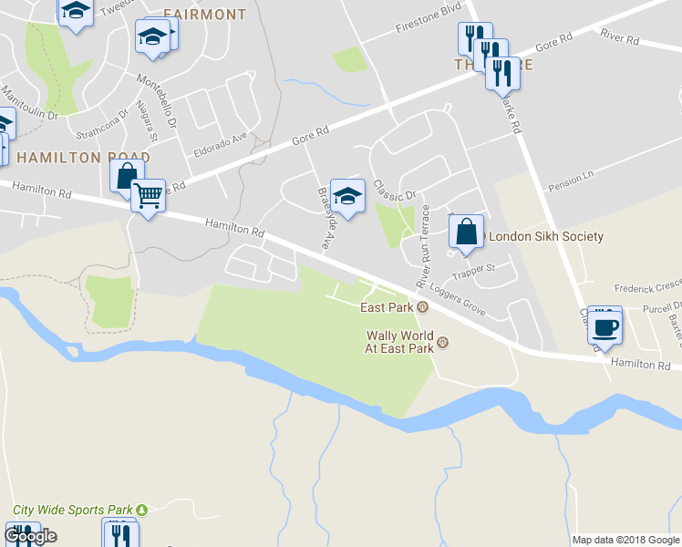 map of restaurants, bars, coffee shops, grocery stores, and more near 1229 Hamilton Road in London