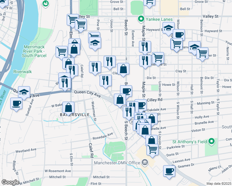 map of restaurants, bars, coffee shops, grocery stores, and more near 229 Shasta Street in Manchester