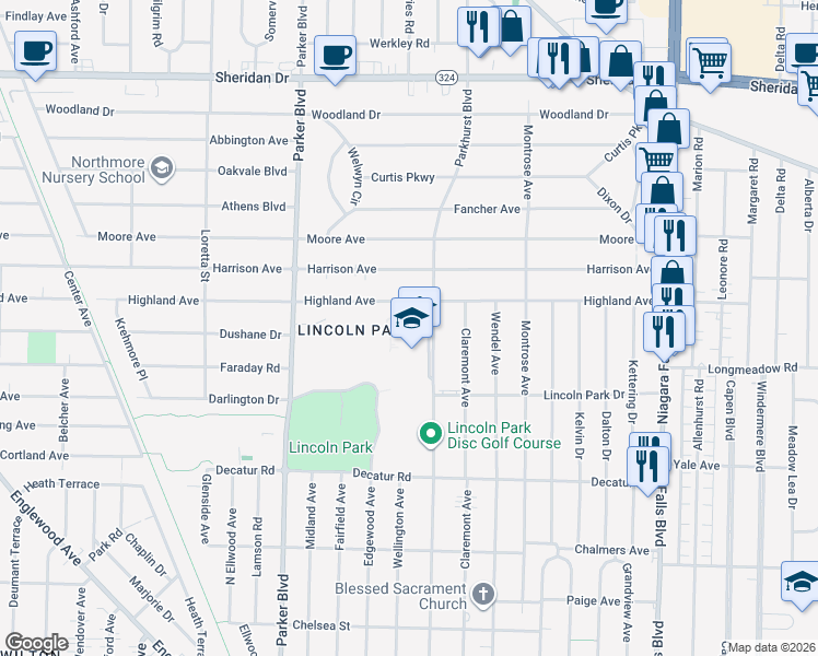 map of restaurants, bars, coffee shops, grocery stores, and more near 540 Parkhurst Boulevard in Buffalo