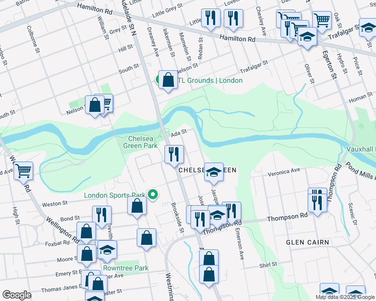 map of restaurants, bars, coffee shops, grocery stores, and more near 46 Terrace Street in London