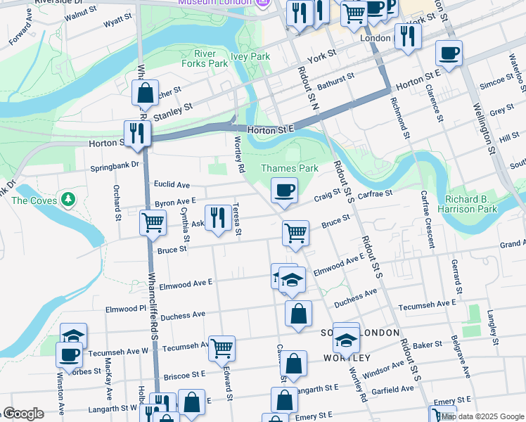 map of restaurants, bars, coffee shops, grocery stores, and more near 114 Askin Street in London