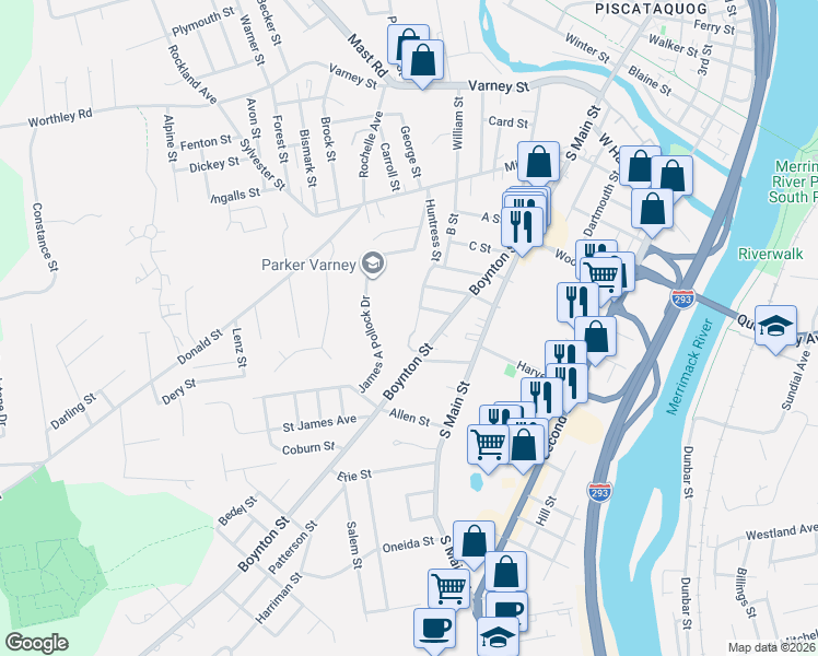map of restaurants, bars, coffee shops, grocery stores, and more near 250 Huntress Street in Manchester