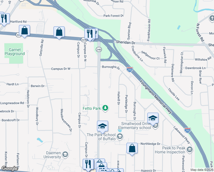 map of restaurants, bars, coffee shops, grocery stores, and more near 99 Thomas Jefferson Lane in Buffalo