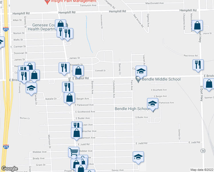 map of restaurants, bars, coffee shops, grocery stores, and more near 2146 East Whittemore Avenue in Burton