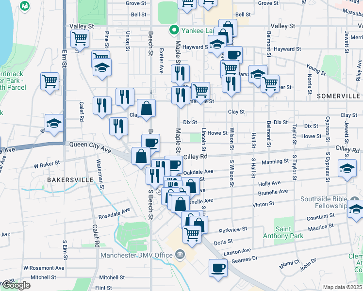 map of restaurants, bars, coffee shops, grocery stores, and more near 407 Shasta Street in Manchester