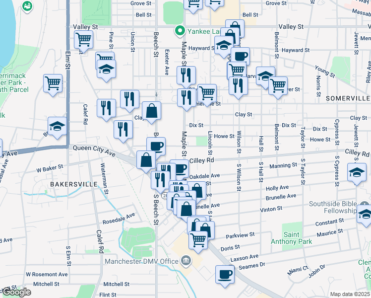 map of restaurants, bars, coffee shops, grocery stores, and more near 407 Shasta Street in Manchester