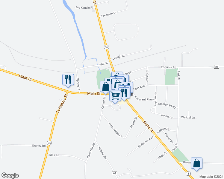 map of restaurants, bars, coffee shops, grocery stores, and more near 3103 Main Street in Caledonia