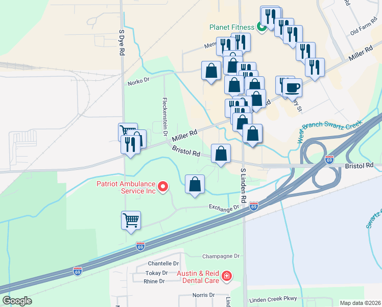 map of restaurants, bars, coffee shops, grocery stores, and more near 5131 West Bristol Road in Flint