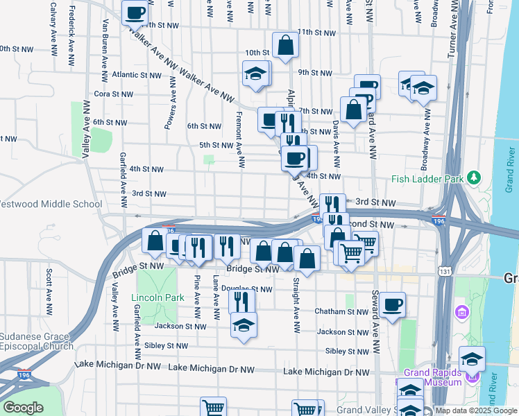 map of restaurants, bars, coffee shops, grocery stores, and more near 857 Second Street Northwest in Grand Rapids