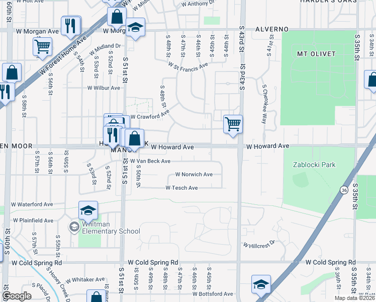 map of restaurants, bars, coffee shops, grocery stores, and more near 4541 West Howard Avenue in Greenfield