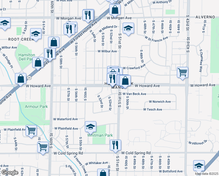 map of restaurants, bars, coffee shops, grocery stores, and more near 5201 West Howard Avenue in Milwaukee
