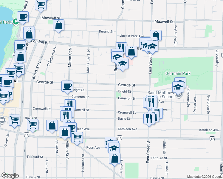 map of restaurants, bars, coffee shops, grocery stores, and more near 278 Bright Street in Sarnia
