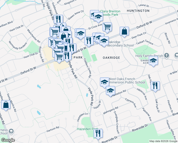 map of restaurants, bars, coffee shops, grocery stores, and more near 15 Fiddlers Green Road in London