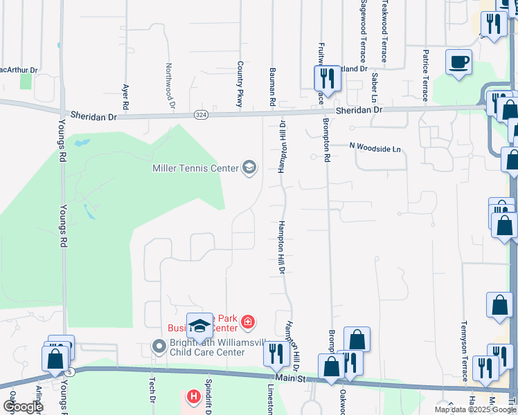 map of restaurants, bars, coffee shops, grocery stores, and more near 135 Northill Dr in Erie County