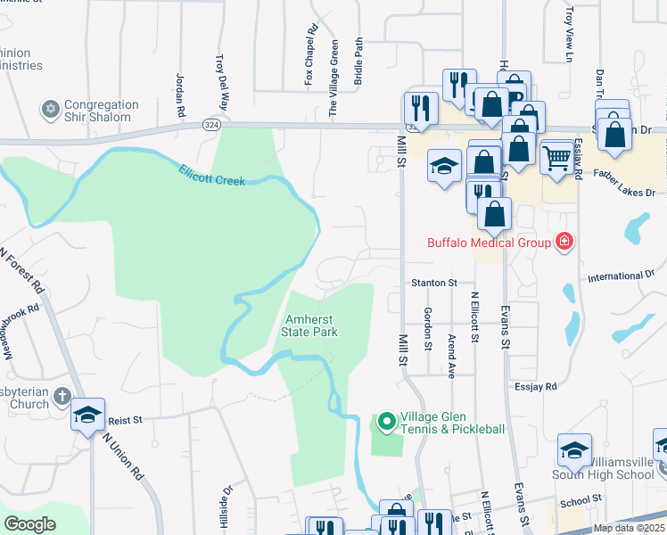 map of restaurants, bars, coffee shops, grocery stores, and more near 400 Mill Street in Williamsville