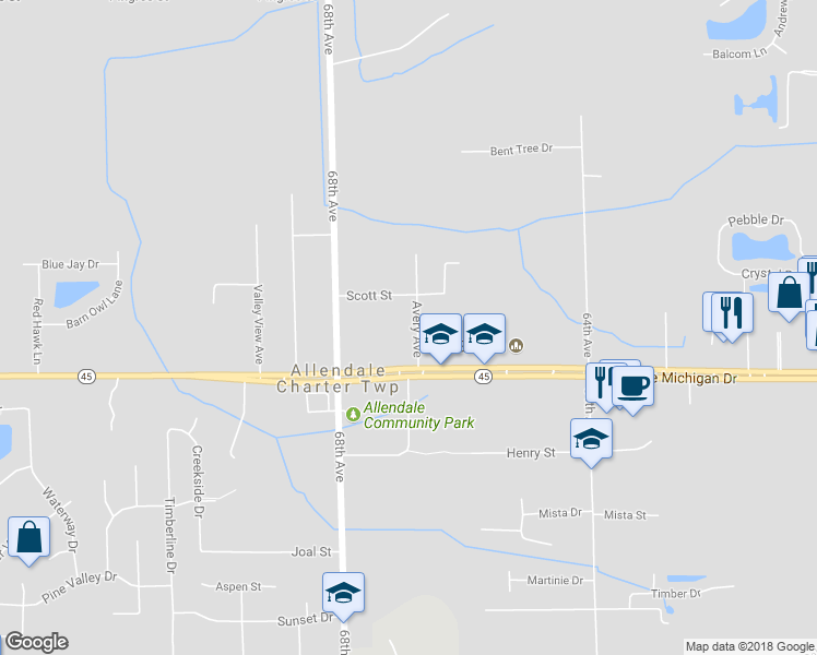 map of restaurants, bars, coffee shops, grocery stores, and more near 11265 Avery Avenue in Allendale Charter Township