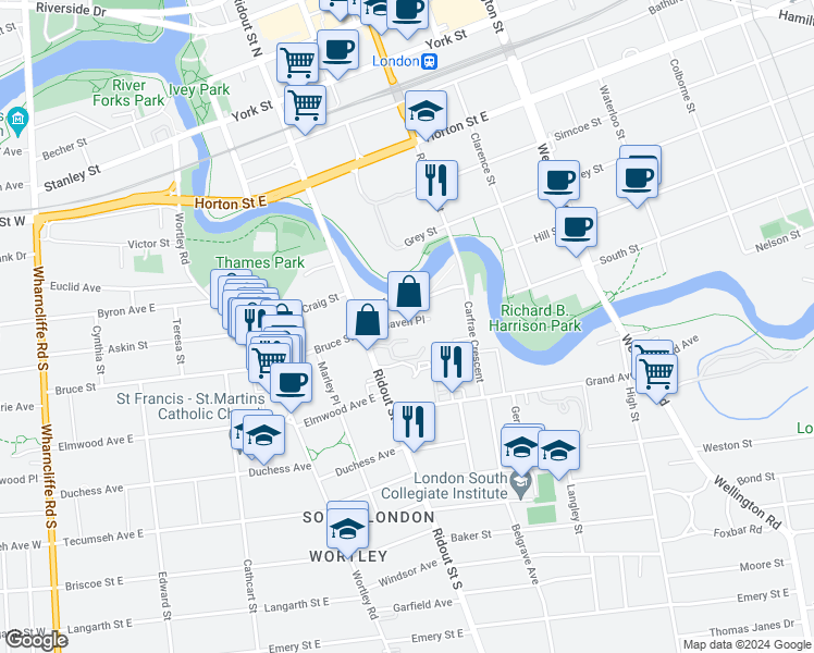 map of restaurants, bars, coffee shops, grocery stores, and more near 21 Ardaven Place in London