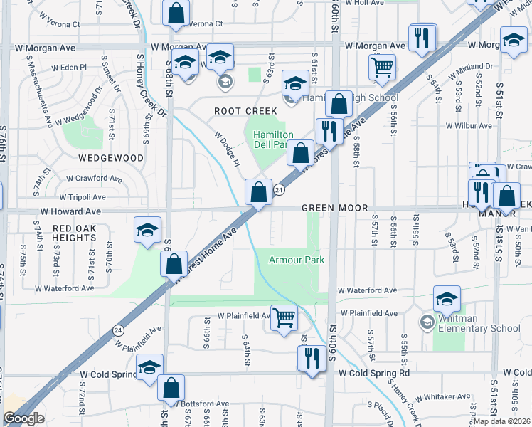 map of restaurants, bars, coffee shops, grocery stores, and more near 3904 South Tara Hill Drive in Greenfield
