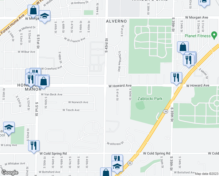 map of restaurants, bars, coffee shops, grocery stores, and more near 4221 West Howard Avenue in Greenfield