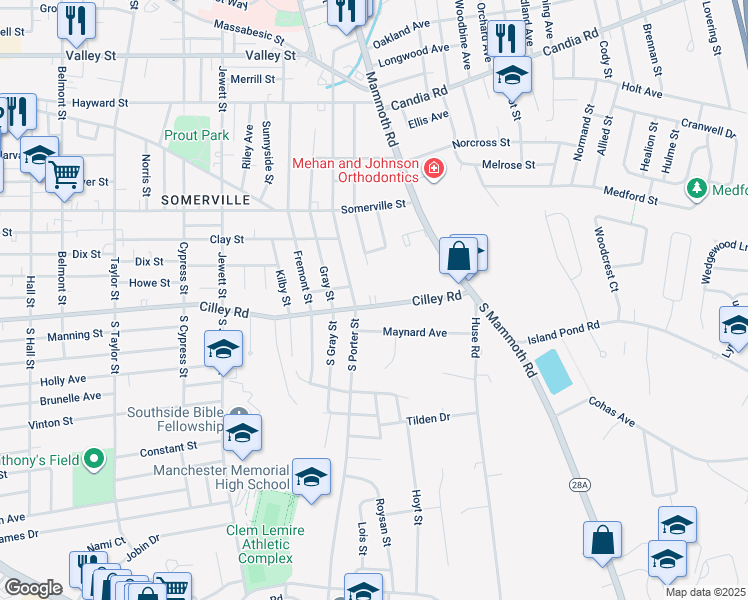 map of restaurants, bars, coffee shops, grocery stores, and more near 1024 Cilley Road in Manchester