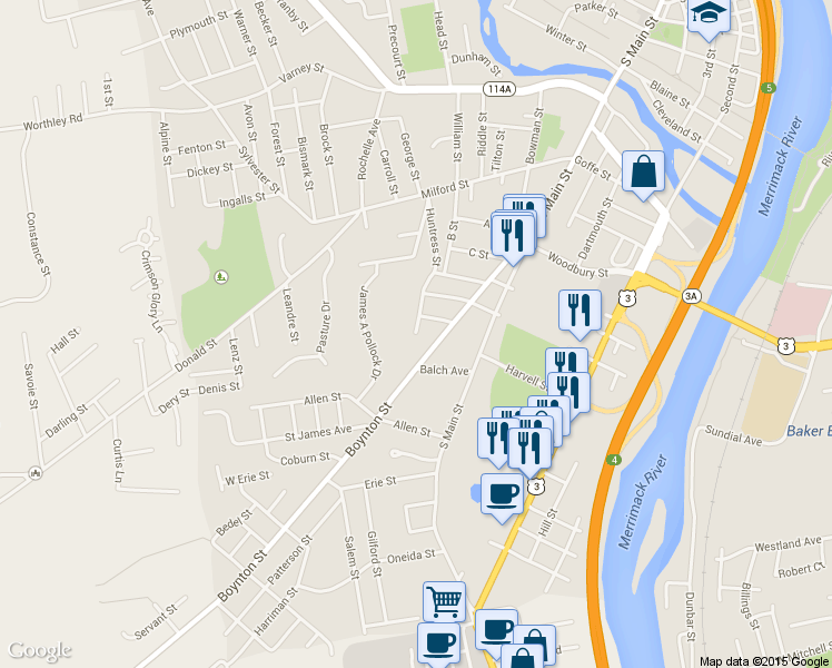 map of restaurants, bars, coffee shops, grocery stores, and more near 250 Huntress Street in Manchester
