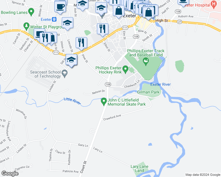map of restaurants, bars, coffee shops, grocery stores, and more near 92 Court Street in Exeter
