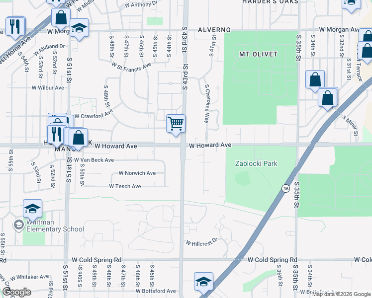 map of restaurants, bars, coffee shops, grocery stores, and more near 4231 West Howard Avenue in Milwaukee