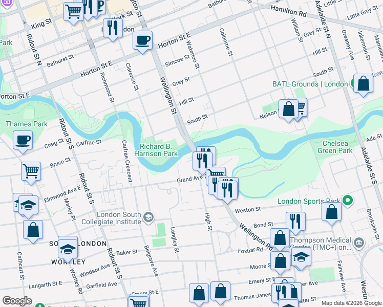 map of restaurants, bars, coffee shops, grocery stores, and more near 1 Wellington Road in London