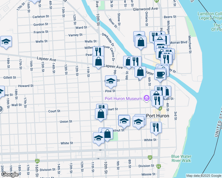 map of restaurants, bars, coffee shops, grocery stores, and more near 933 Pine Street in Port Huron