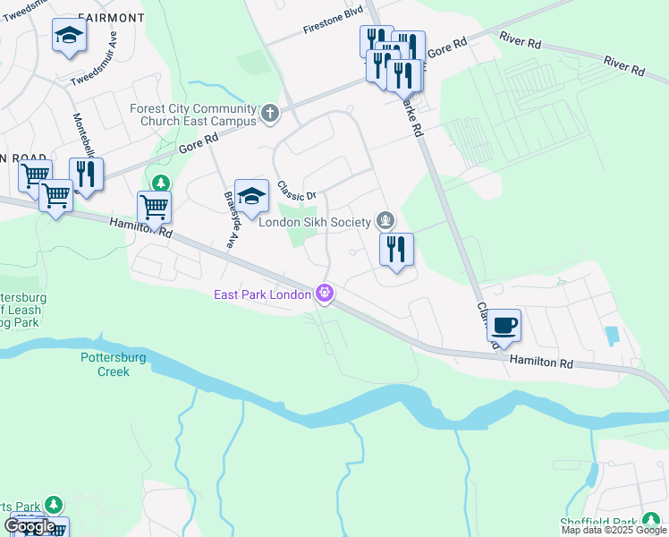 map of restaurants, bars, coffee shops, grocery stores, and more near 120 River Run Terrace in London