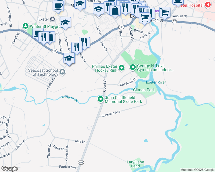 map of restaurants, bars, coffee shops, grocery stores, and more near 92 Court Street in Exeter